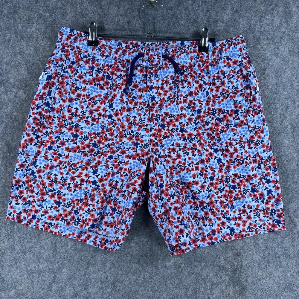Birddogs Swim Trunks Mens XL Blue Red Floral Lined Stretch Pockets Quick Dry